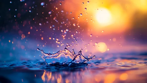 Sunset-lit water crown dances in a neon twilight splash.