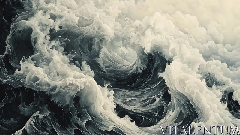 Roaring monochrome ocean waves twist into sculpted foam.