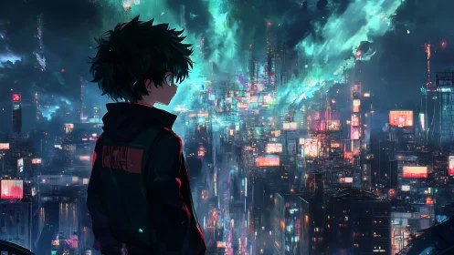 Young anime hero contemplates a neon storm over cybercity