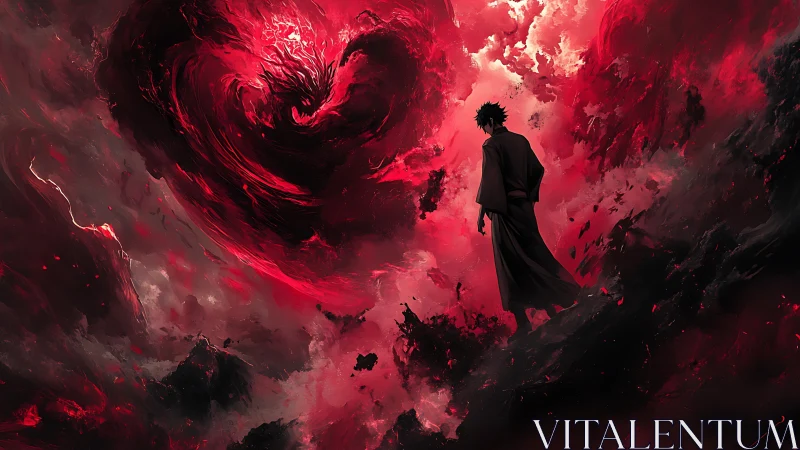 Samurai silhouette confronting vortical crimson heartstorm.