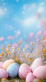 Pastel speckled Easter eggs glow under dreamy spring sky.