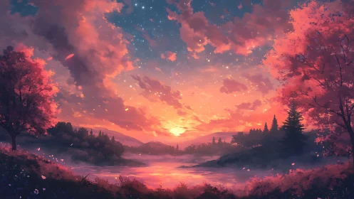 Digital landscape of river, trees and clouds at sunset.