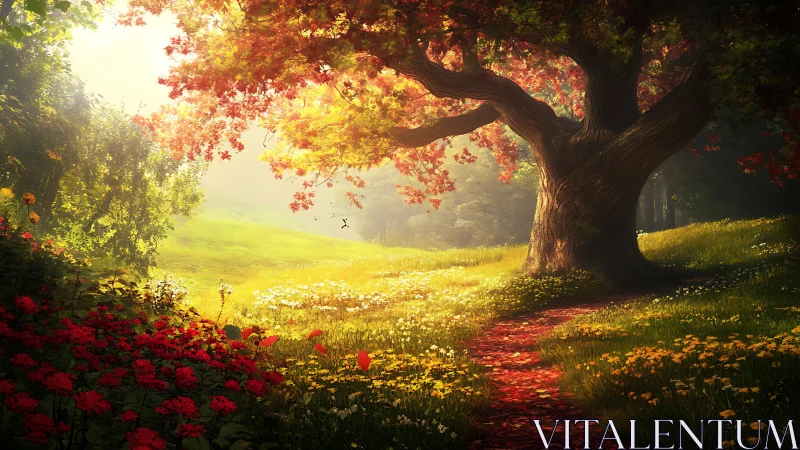 Sunlit forest path under large tree in flowered meadow.