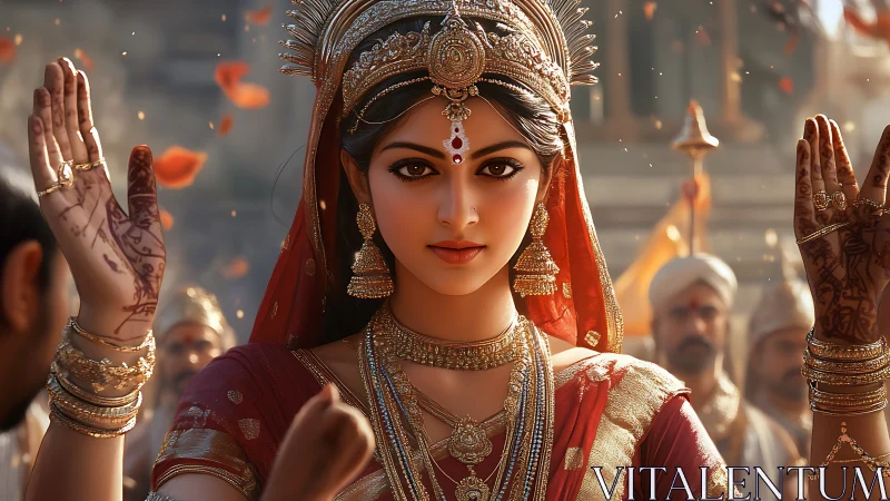 Graceful festival queen in red saree and golden jewelry.