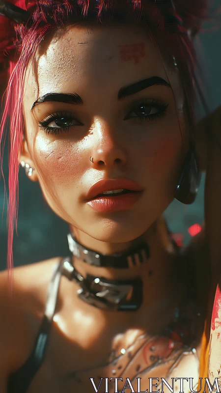 Cyberpunk portrait with pink-haired augmented rebel gaze.