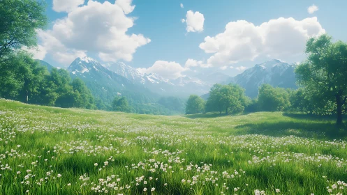 Sunny green meadow with wildflowers and distant mountains.