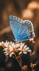 Blue butterfly rests on clustered flowers in close focus