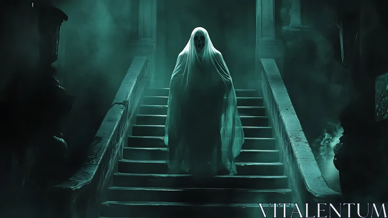 Spectral entity descending misty staircase in teal glow.