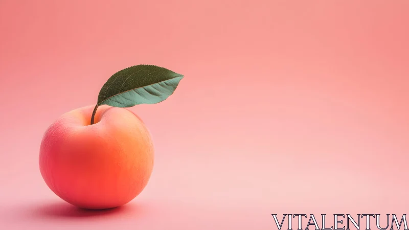 Fresh peach with green leaf on pastel pink minimalist background.