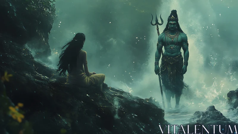 Mythic river encounter in emerald mist with divine warrior.