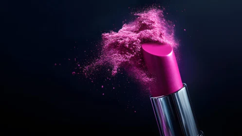 Vivid Pink Lipstick Burst with Dynamic Powder Effect on Dark Background.