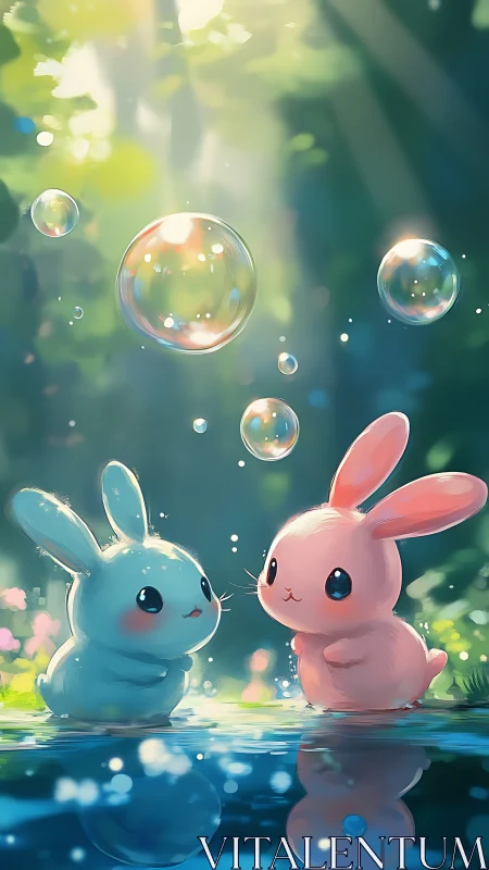 Playful pastel bunnies beneath sunlit forest bubbles.