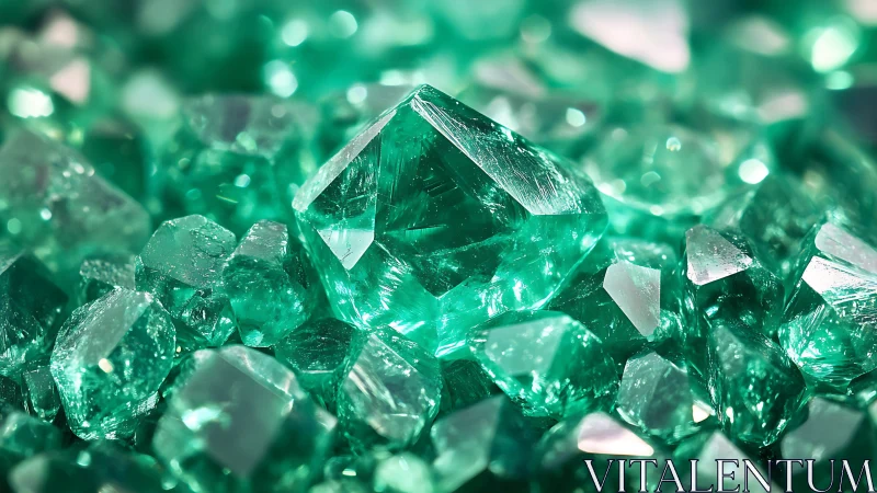 Emerald crystal cluster under vivid green gemstone macro light.
