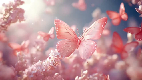 Soft pink butterflies above blossoms in gentle spring light.