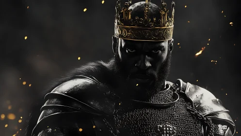 Regal warrior king standing strong in glowing embers of night.