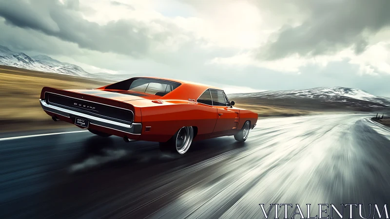 Classic orange muscle car on wet mountain highway at speed.