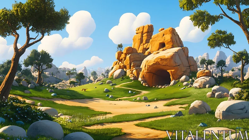 Sunlit rocky cave overlooks a serene stylized valley