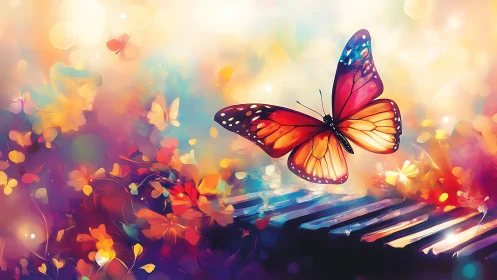 Butterfly hovers above piano keys in a dreamy color haze