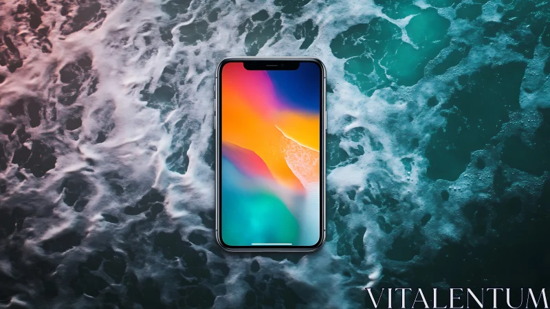 Smartphone with neon screen hovering over turbulent water.