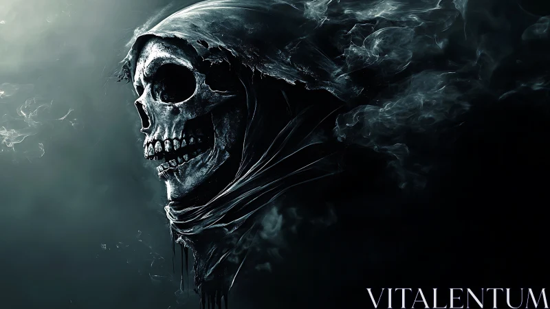 Hooded skeletal wraith emerges from swirling shadowed smoke.