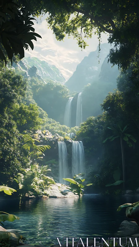 Lush jungle waterfall cascades into still reflective pool