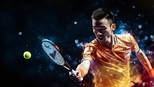 Tennis player drives explosive forehand under vivid lights.