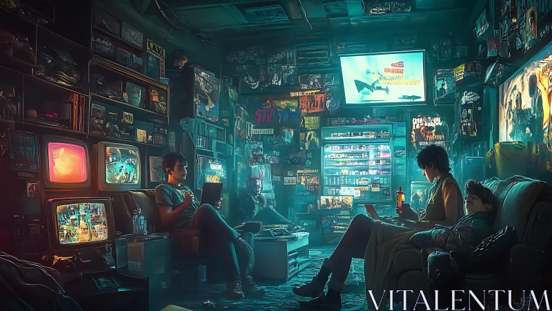 Cyberpunk den of screens gathers late-night hackers together.