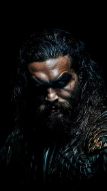 Photorealistic low‑key portrait with dramatic chiaroscuro lighting.