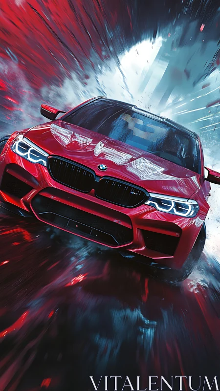 Red sport sedan powers through wet neon city street.