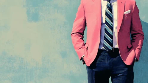 Man in pink blazer against muted blue textured wall.
