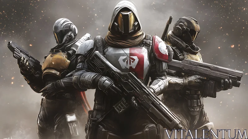 Triadic exosuit fireteam in high-grit ballistic standoff.