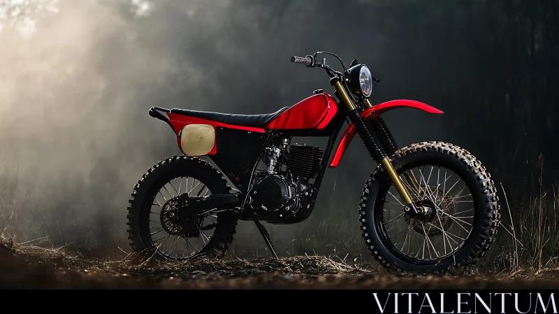Vintage red dirt bike in moody backlit forest clearing.