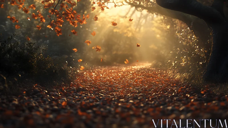 Golden forest path with falling autumn leaves at sunrise.