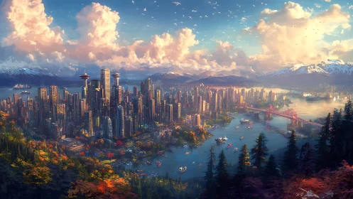 Sunlit coastal megacity framed by mountains and autumn forest