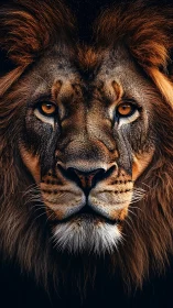 Close frontal portrait of male lion with detailed mane.