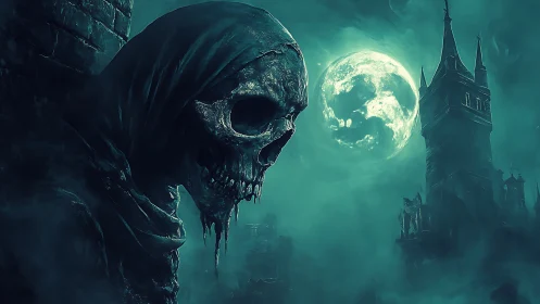Hooded skeletal wraith looms beneath an eerie teal moonlit sky.