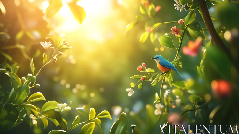 Backlit songbird rendered in shallow-depth floral bokeh field