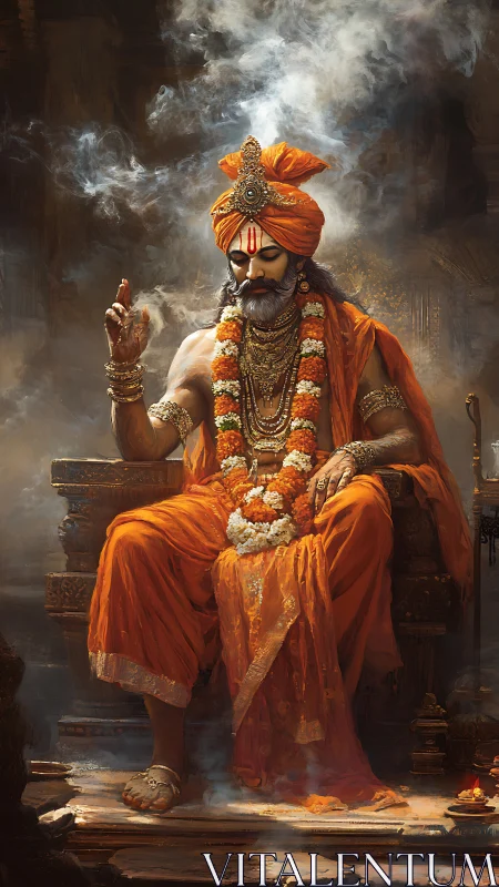 Digital painting of regal Hindu guru in orange robes on throne.