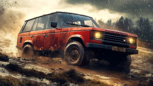 Storm-chasing red off-roader splashing through wild mud.