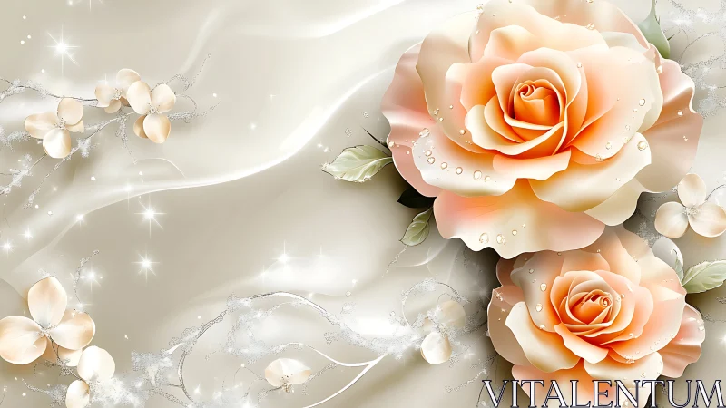 Peach roses dance through luminous silk and dewdrop dreams.