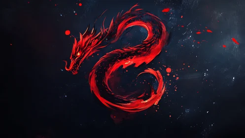 Digital painting of a red dragon in dynamic spiral composition.
