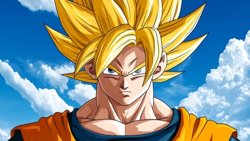 Spiky haired anime warrior stares forward under blue sky