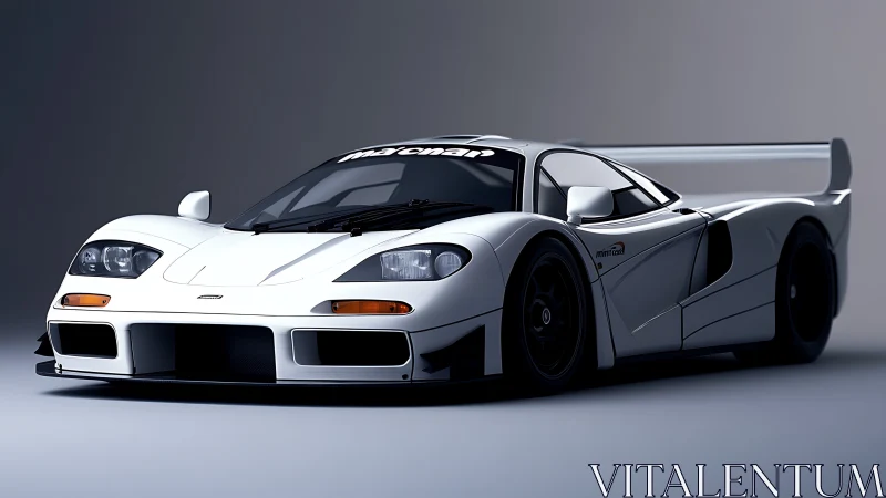 White race car is positioned on neutral studio background