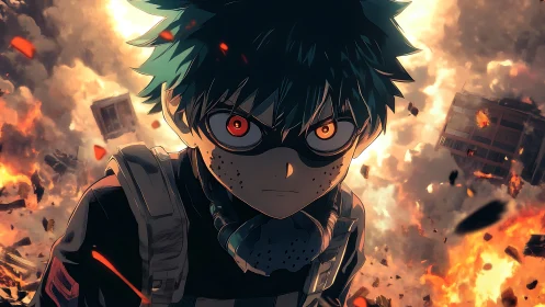 Determined masked anime hero stands amid explosive chaos.