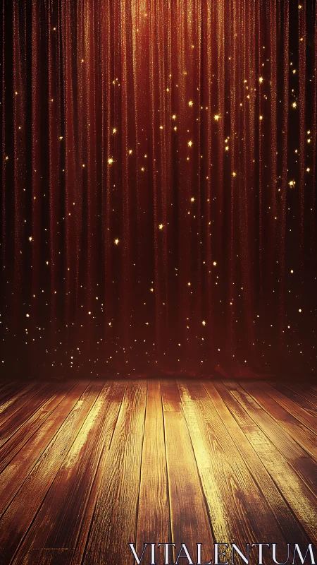Golden-lit theater stage with polished wood floor and curtain