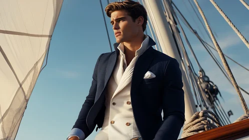Elegantly dressed sailor gazes seaward on luxury yacht.