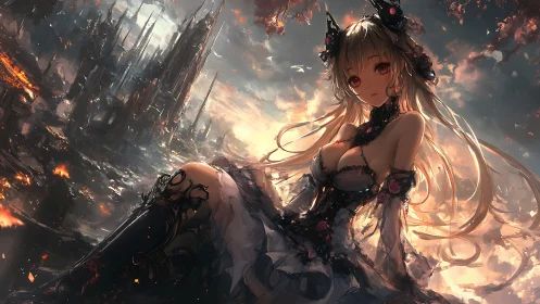 Dark anime princess over burning ruin at twilight sky.