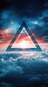 Dreamy triangle gateway hovering above glowing clouds.