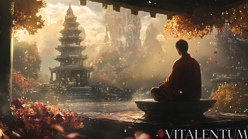 Monk in sunset pagoda courtyard with volumetric dust bloom.