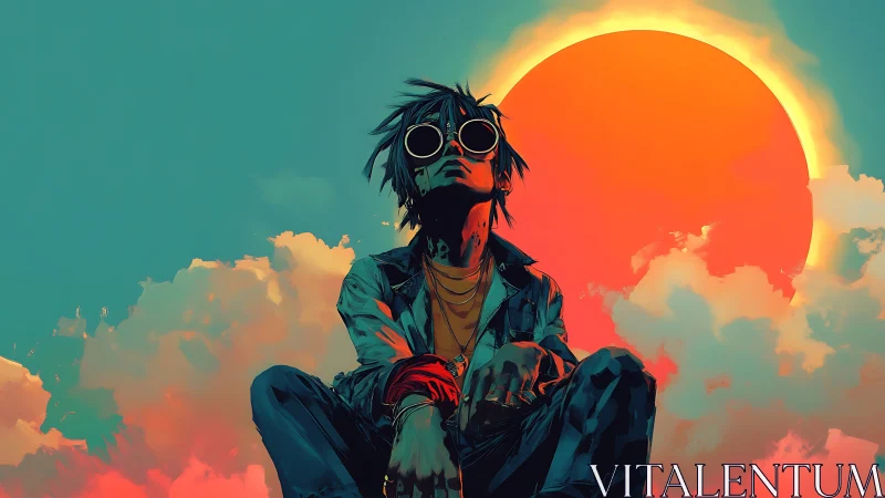 Stylized figure in goggles sits before large glowing sun